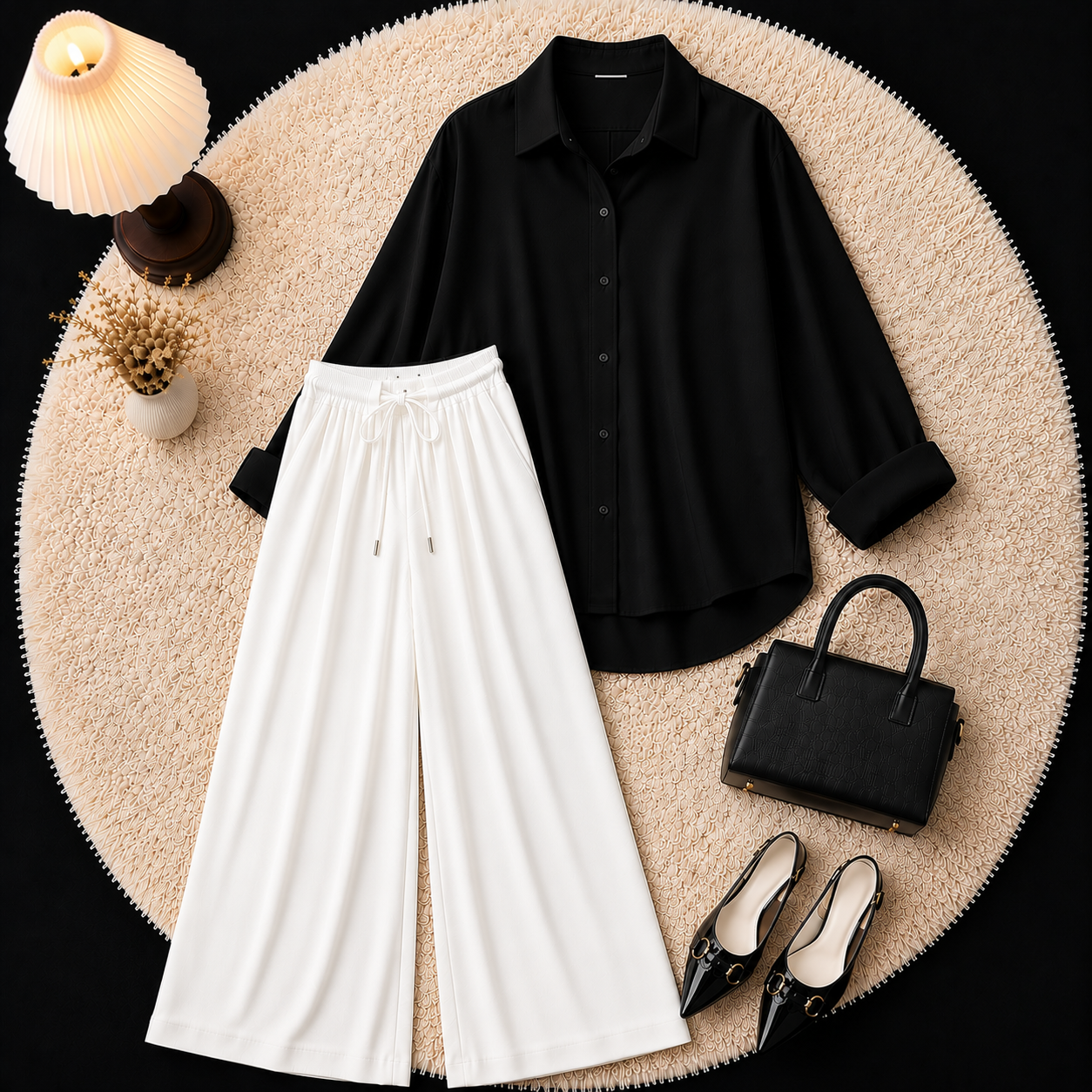 Black Button Down Shirt With White Flapper Trouser