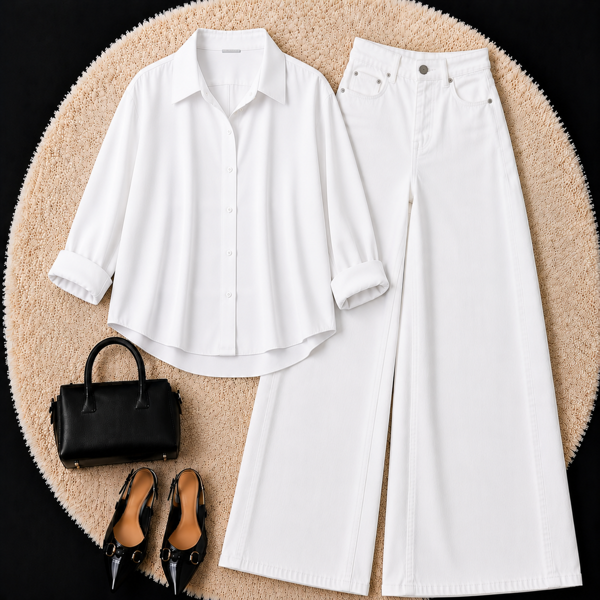 WHITE BUTTON DOWN SHIRT WITH WHITE WIDE LEG JEANS