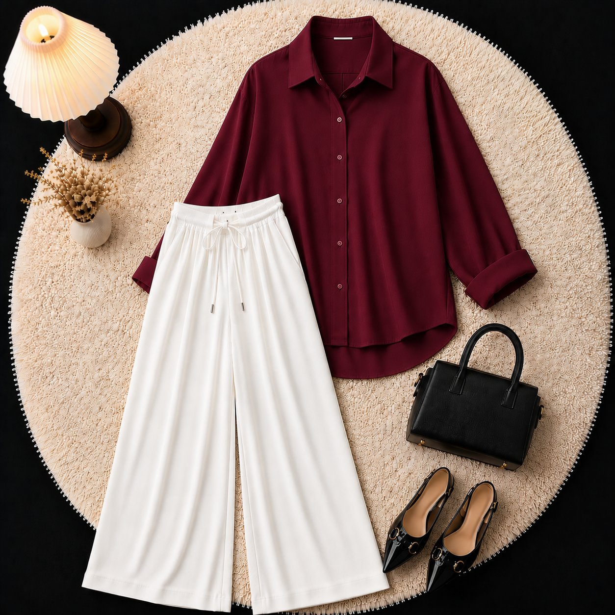 Maroon Button Down Shirt With White Flapper Trouser