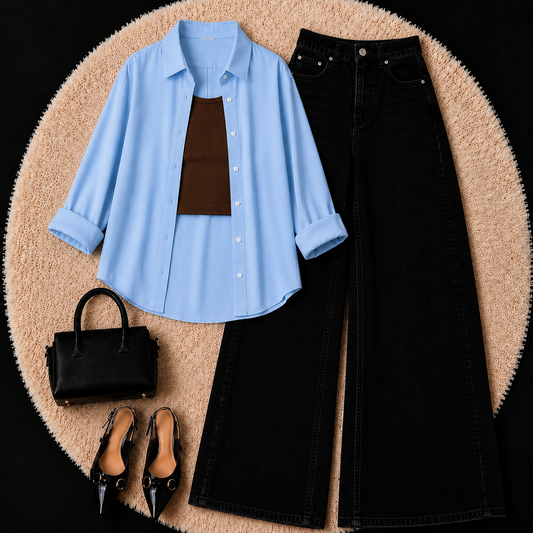 Sky Blue Button Down Shirt With Brown Inner & Black Leg Jeans