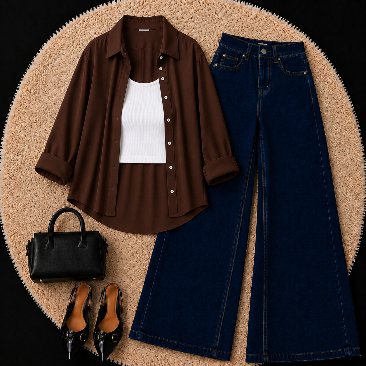 Brown Button Down Shirt With White Inner & Dark Blue Wide Leg Jeans