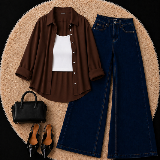 Brown Button Down Shirt With White Inner & Dark Blue Wide Leg Jeans