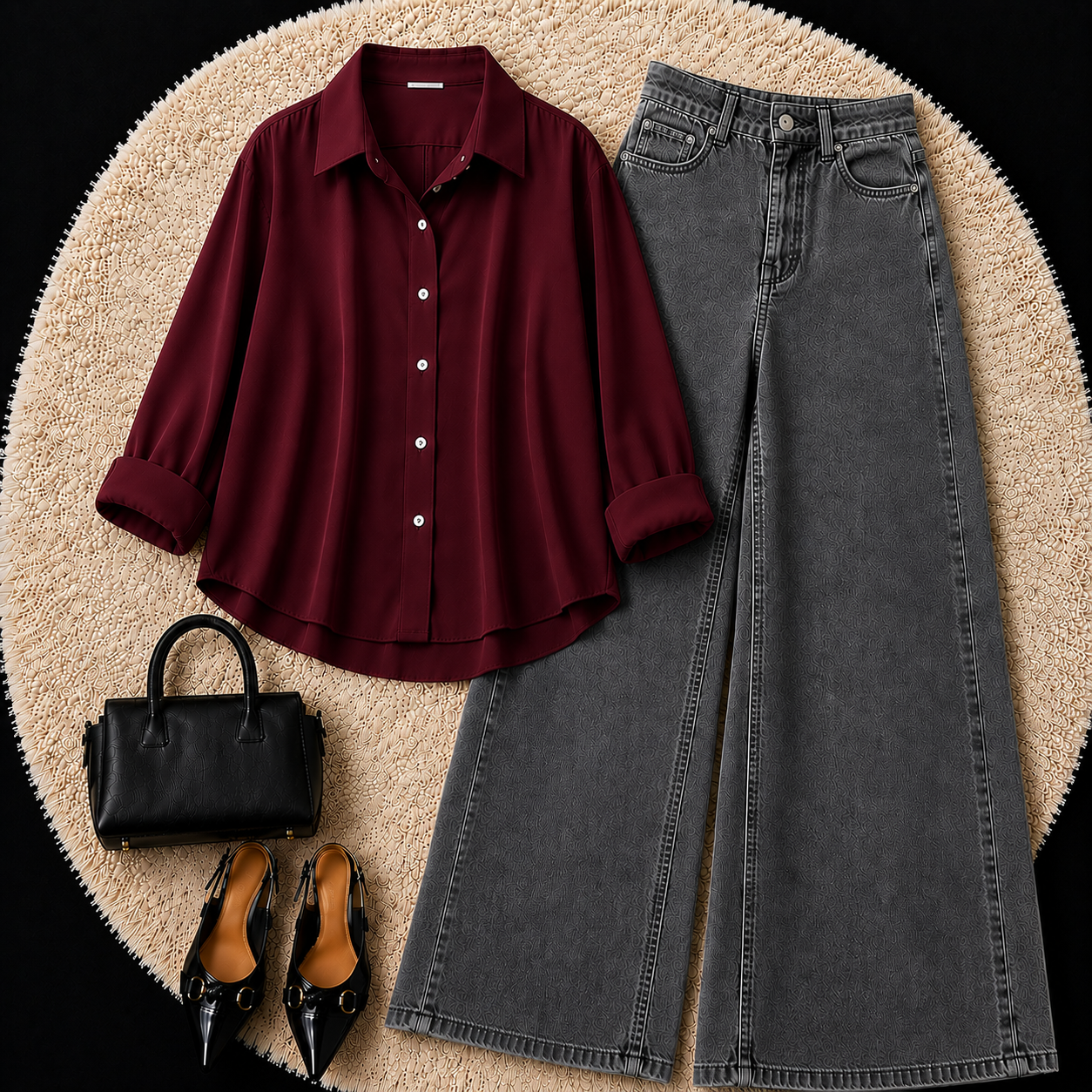 MAROON BUTTON DOWN SHIRT WITH CHARCOL GREY WIDE LEG JEANS