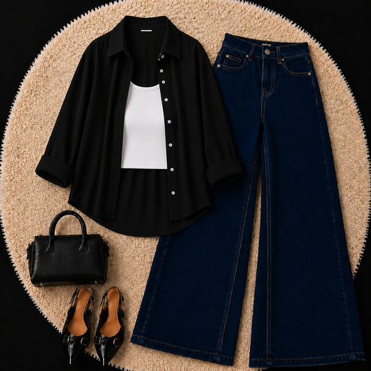 Black Button Down Shirt With White Inner & Dark Blue Wide Leg Jeans