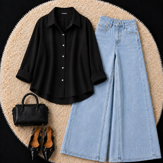 BLACK BUTTON DOWN SHIRT WITH SKY BLUE WIDE LEG JEANS