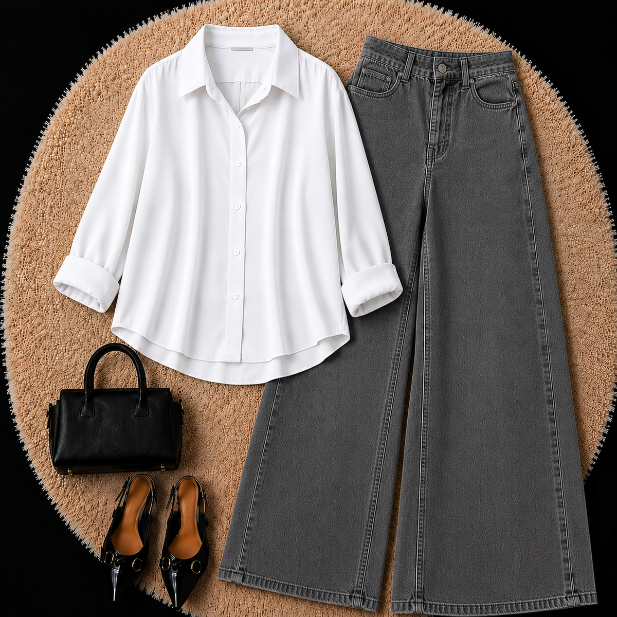 WHITE BUTTON DOWN SHIRT WITH CHARCOL GREY WIDE LEG JEANS