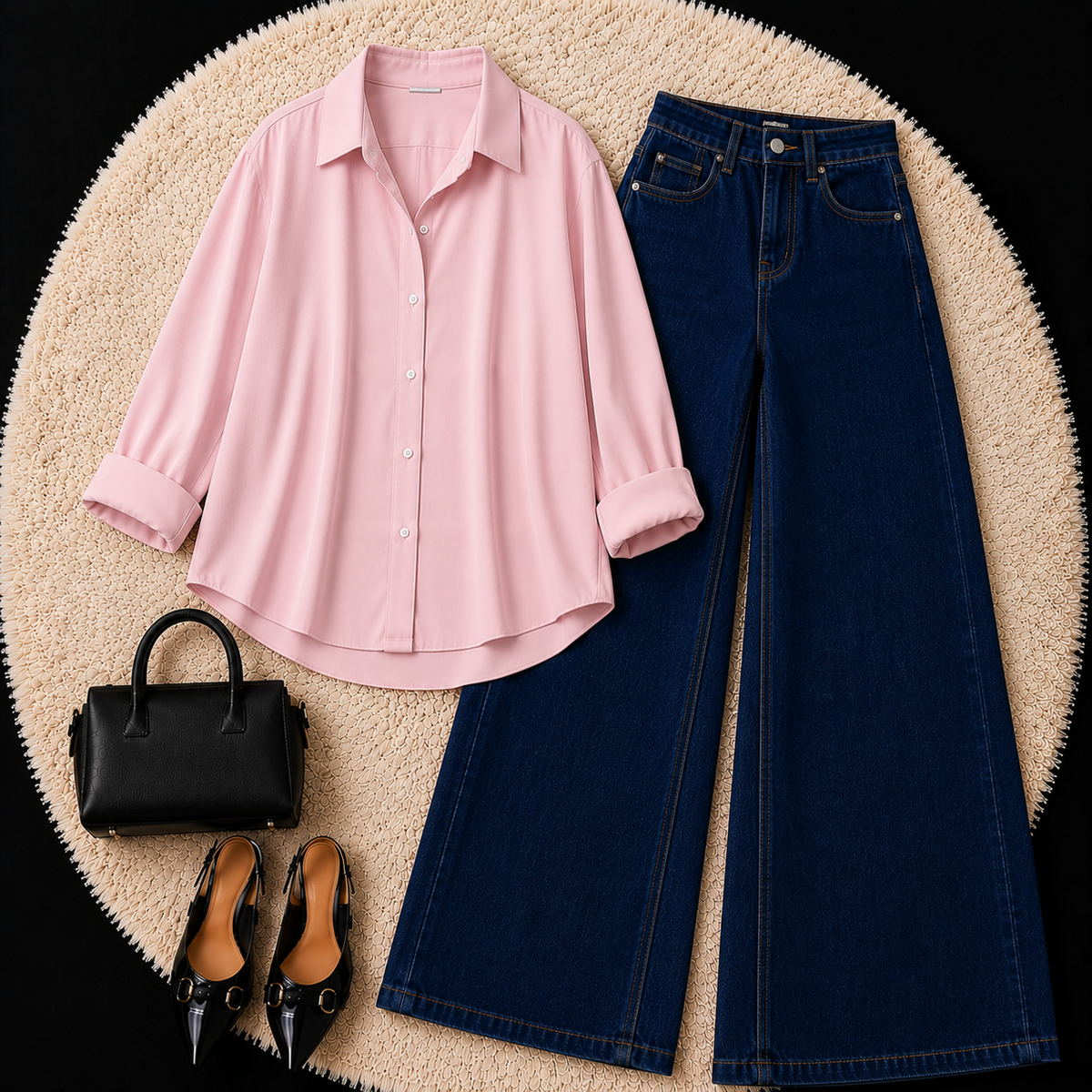 BABY PINK BUTTON DOWN SHIRT WITH DARK BLUE WIDE LEG JEANS
