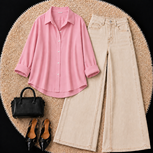BABY PINK BUTTON DOWN SHIRT WITH BEIGE WIDE LEG JEANS