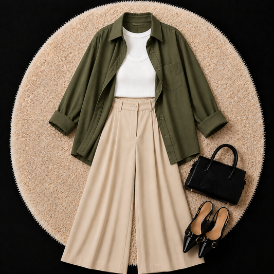 Olive Green Button Down Shirt With White Inner & Beige Formal pant