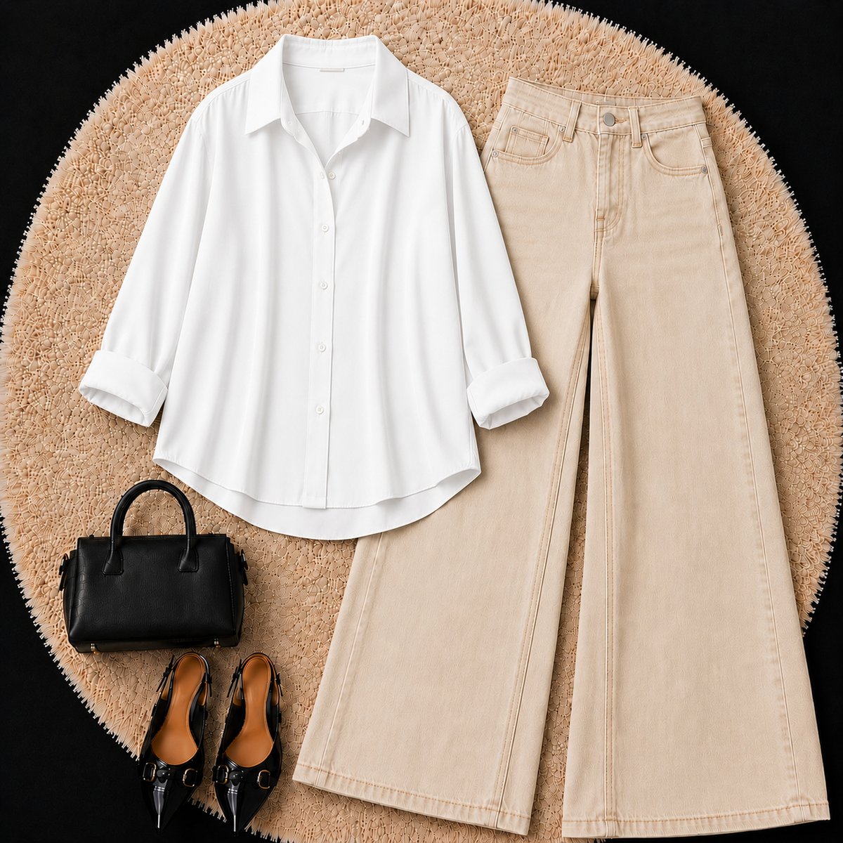WHITE BUTTON DOWN SHIRT WITH BEIGE WIDE LEG JEANS