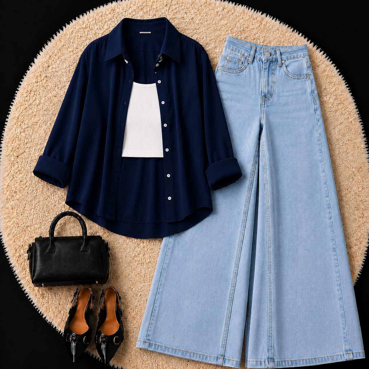 Navy Blue Button Down Shirt With White Inner & Sky Blue Leg Jeans