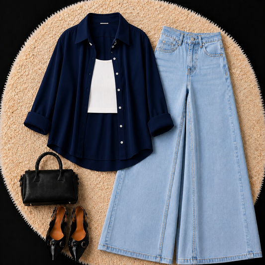 Navy Blue Button Down Shirt With White Inner & Sky Blue Leg Jeans