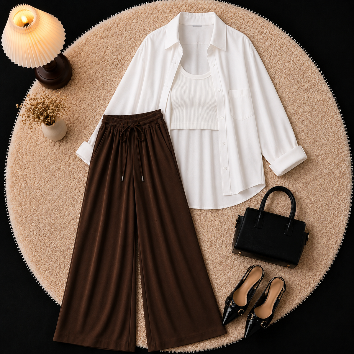 White Button Down Shirt With Inner & Brown Flapper Trouser