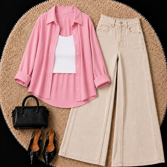 Baby Pink Button Down Shirt With White Inner & Beige Wide Leg Jeans