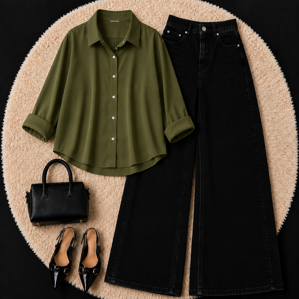 OLIVE GREEN BUTTON DOWN SHIRT WITH BLACK WIDE LEG JEANS