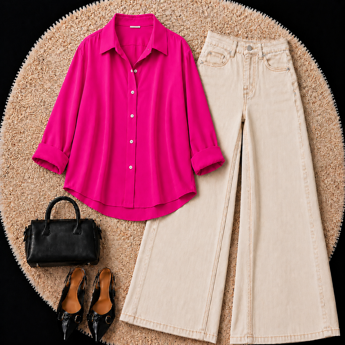 SHOCKING PINK BUTTON DOWN SHIRT WITH BEIGE WIDE LEG JEANS