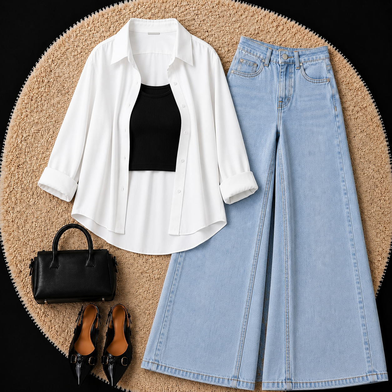 White Button Down Shirt With Black Inner & Sky Blue Wide Leg Jeans