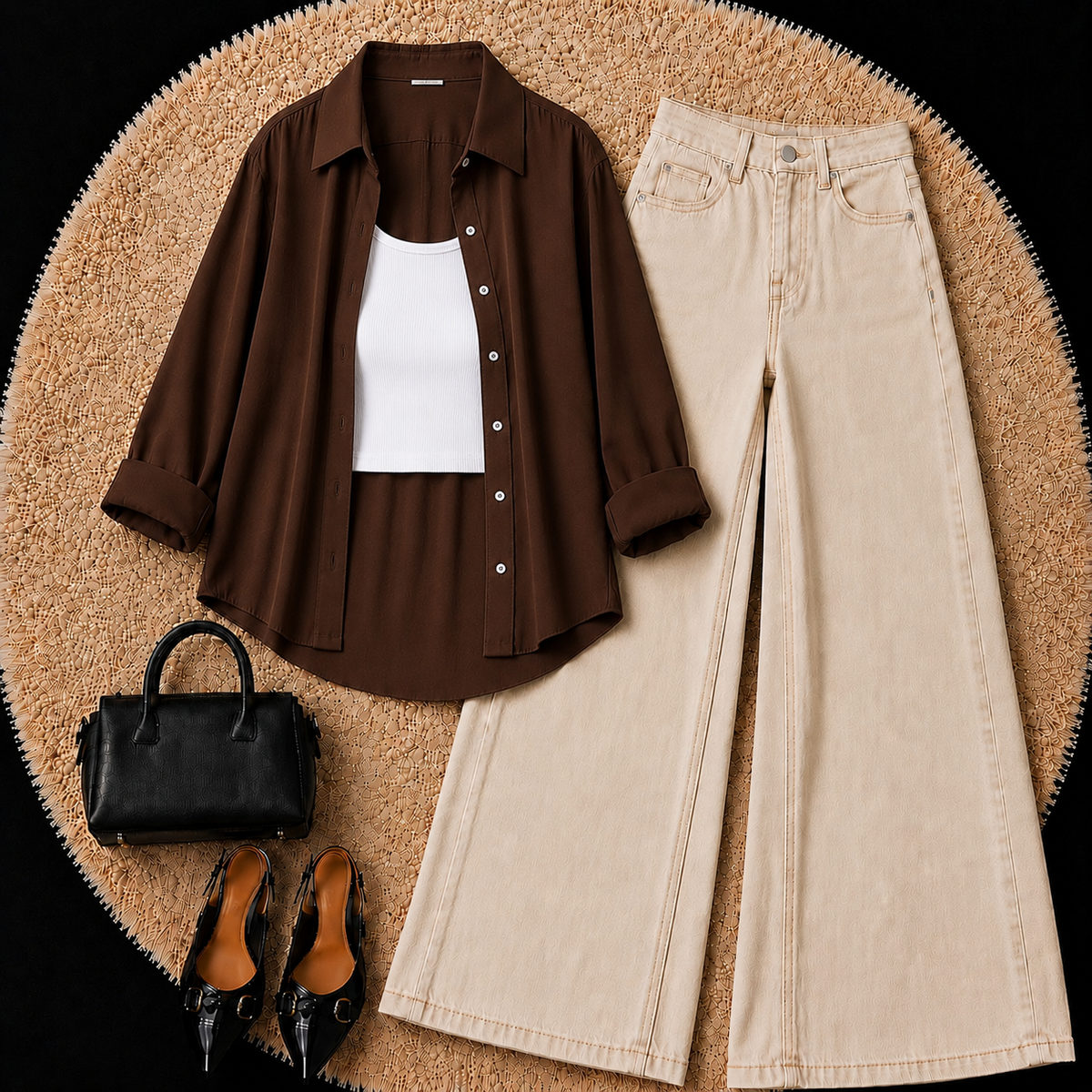 Brown Button Down Shirt With White Inner & Beige Wide Leg Jeans