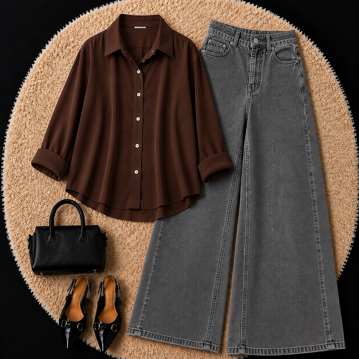 DARK BROWN BUTTON DOWN SHIRT WITH CHARCOL GREY WIDE LEG JEANS