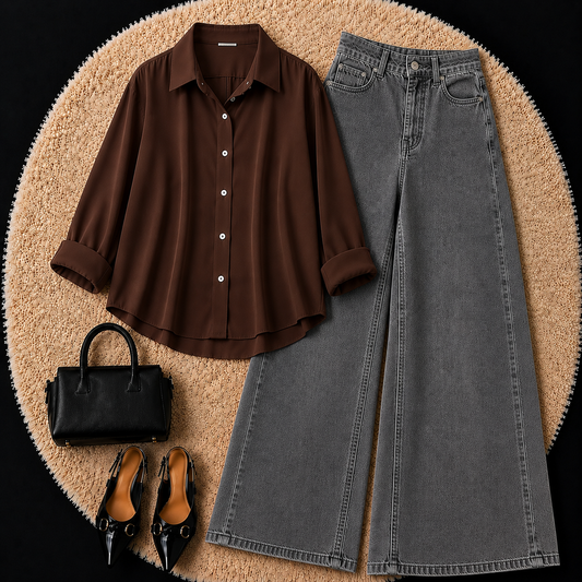 DARK BROWN BUTTON DOWN SHIRT WITH CHARCOL GREY WIDE LEG JEANS