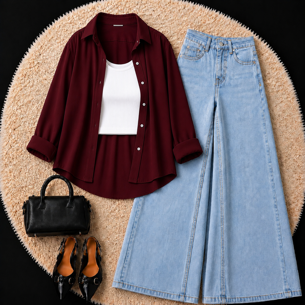 Burgundy Button Down Shirt With White Inner & Sky Blue Wide Leg Jeans