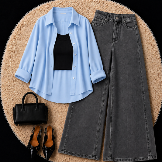Sky Blue Button Down Shirt With Black Inner & Grey Wide Leg Jeans