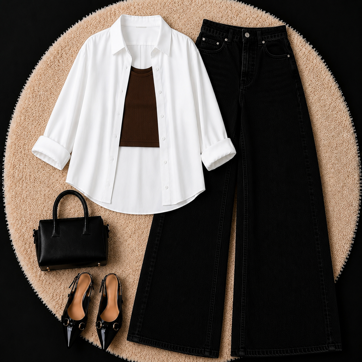 White Button Down Shirt With Brown Inner & Black Leg Jeans