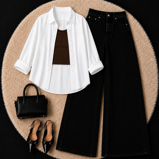 White Button Down Shirt With Brown Inner & Black Leg Jeans