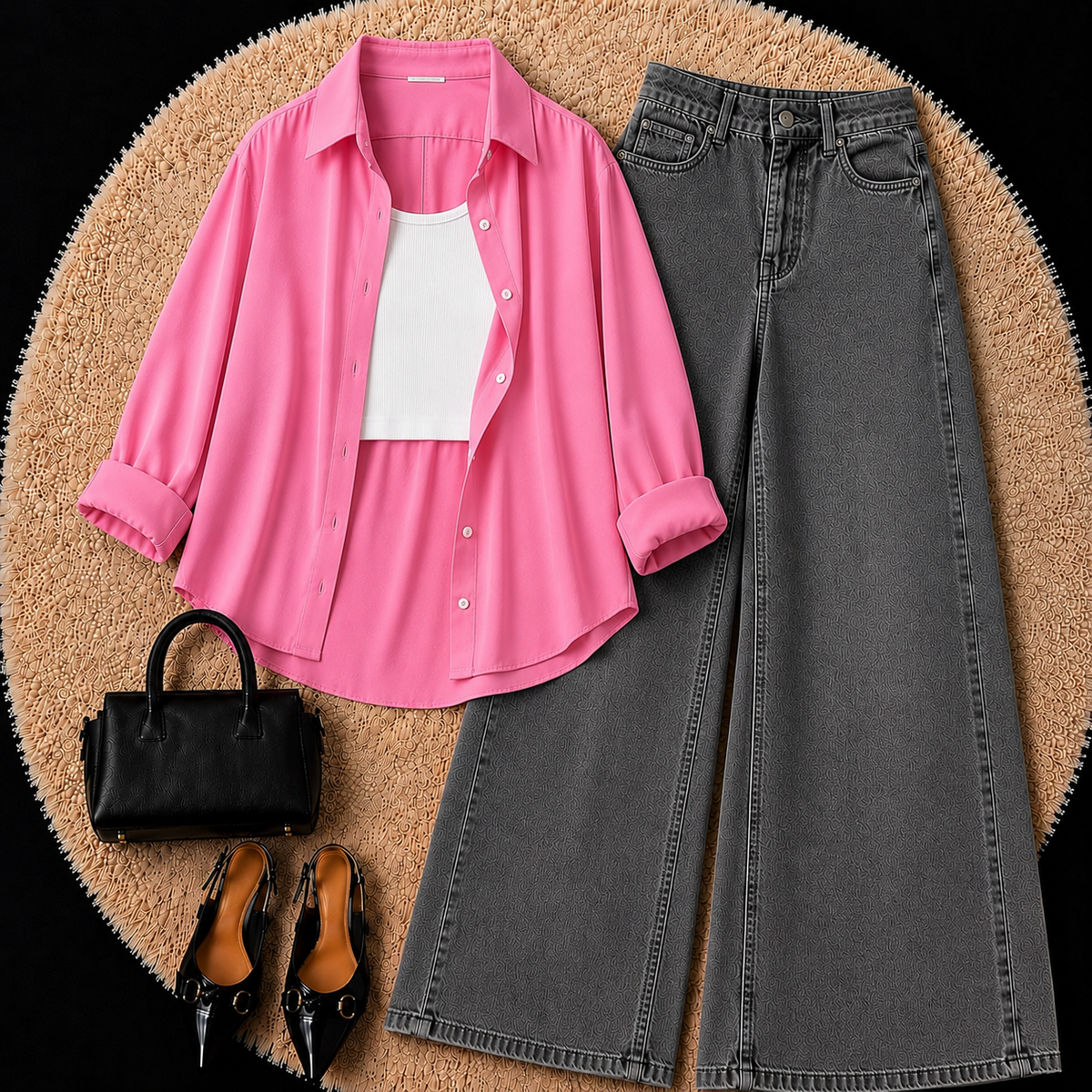 Baby Pink Button Down Shirt With White Inner & Grey Wide Leg Jeans