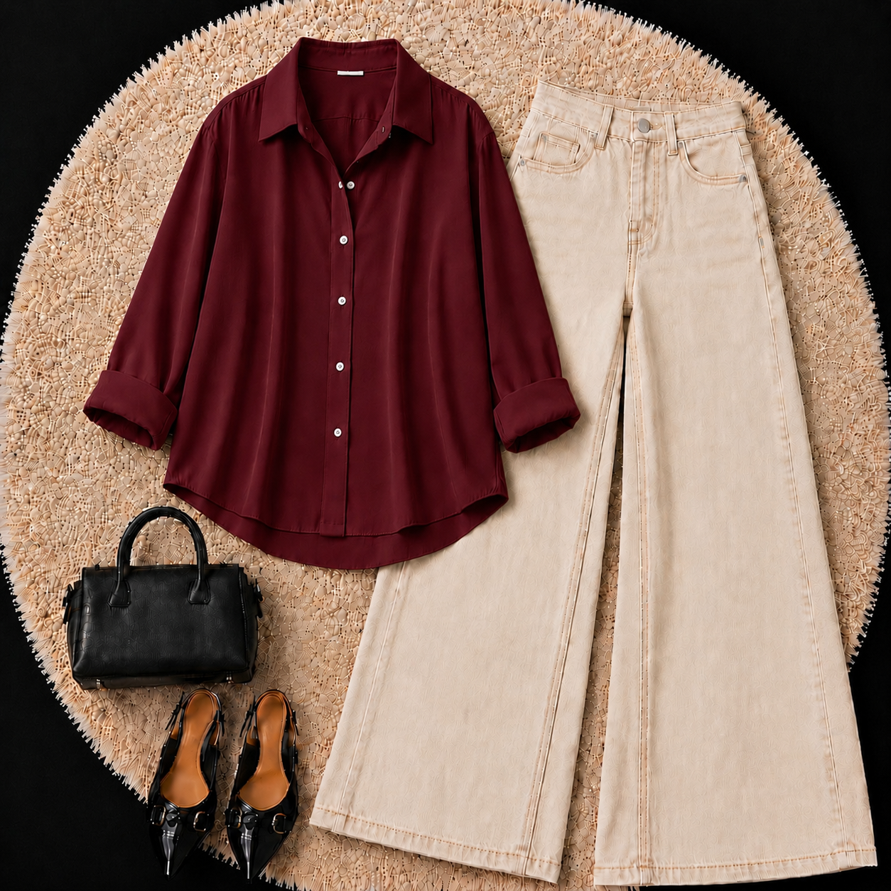 MAROON BUTTON DOWN SHIRT WITH BEIGE WIDE LEG JEANS