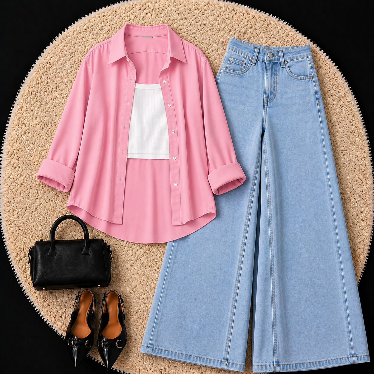 Baby Pink Button Down Shirt With White Inner & Sky Blue Leg Jeans
