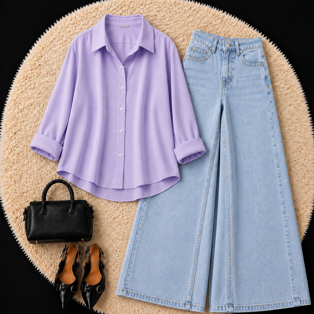 LILAC BUTTON DOWN SHIRT WITH SKY BLUE WIDE LEG JEANS