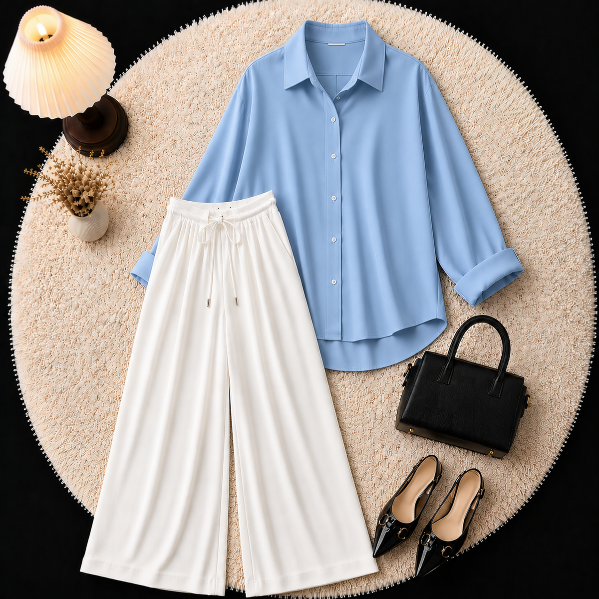 Sky Blue Button Down Shirt With White Flapper Trouser