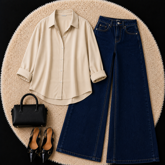BEIGE BUTTON DOWN SHIRT WITH DARK BLUE WIDE LEG JEANS