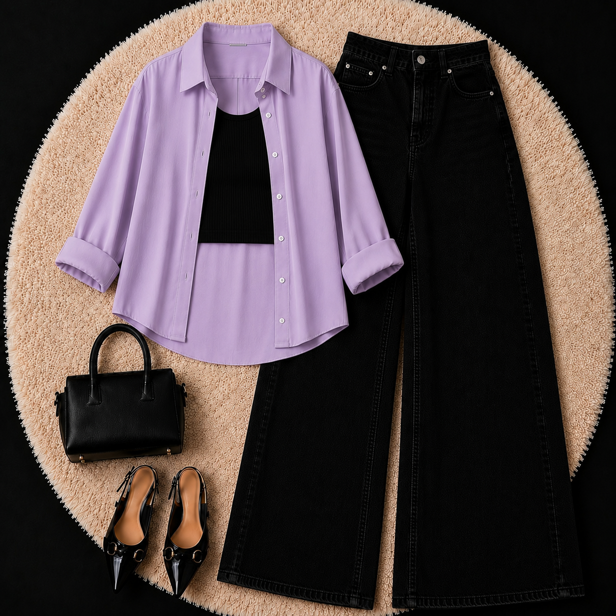 Lilac Button Down Shirt With Black Inner & Black Leg Jeans