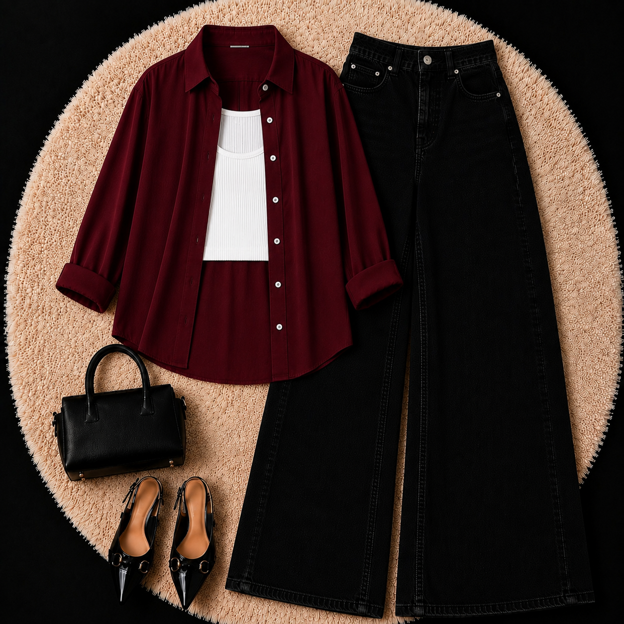 Burgundy Button Down Shirt With White Inner & Black Leg Jeans