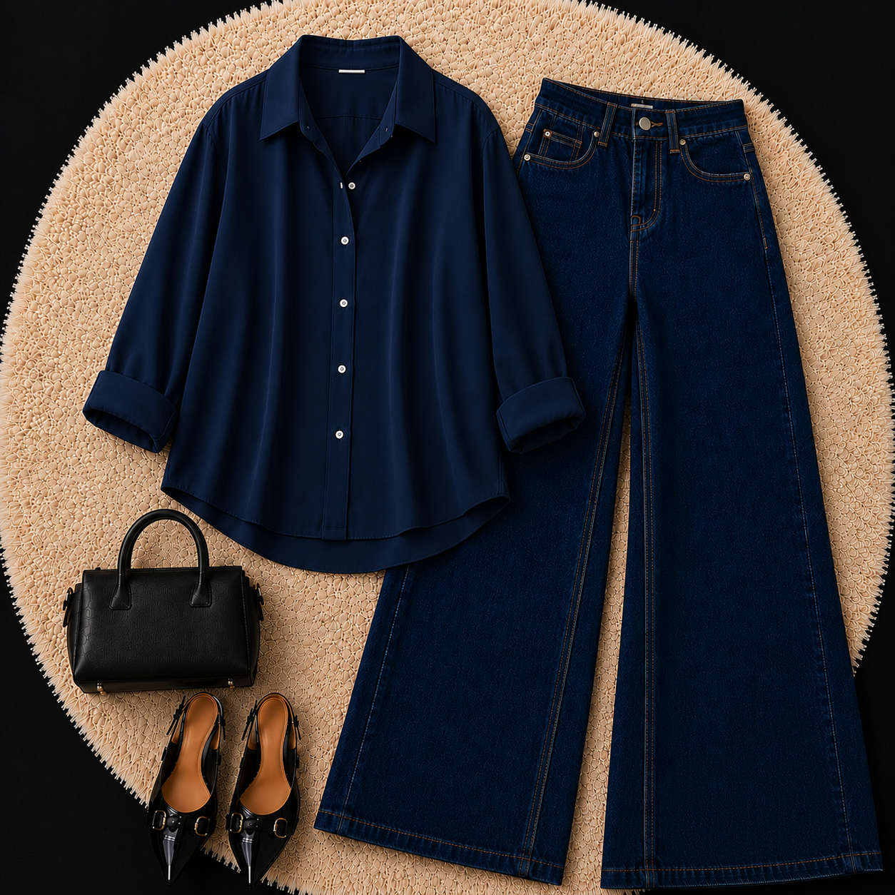 NAVY BLUE BUTTON DOWN SHIRT WITH DARK BLUE WIDE LEG JEANS
