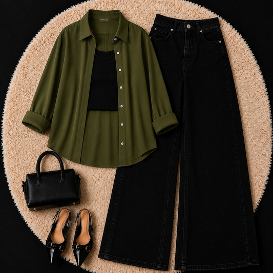 Olive Green Button Down Shirt With Black Inner & Black Leg Jeans