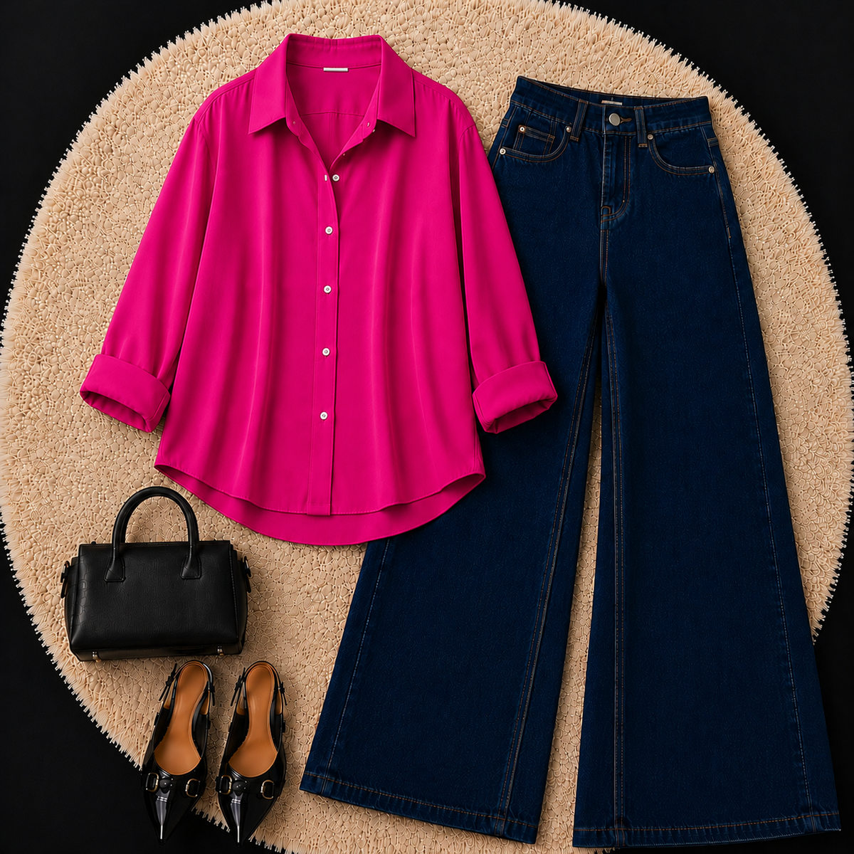 SHOCKING PINK BUTTON DOWN SHIRT WITH DARK BLUE WIDE LEG JEANS