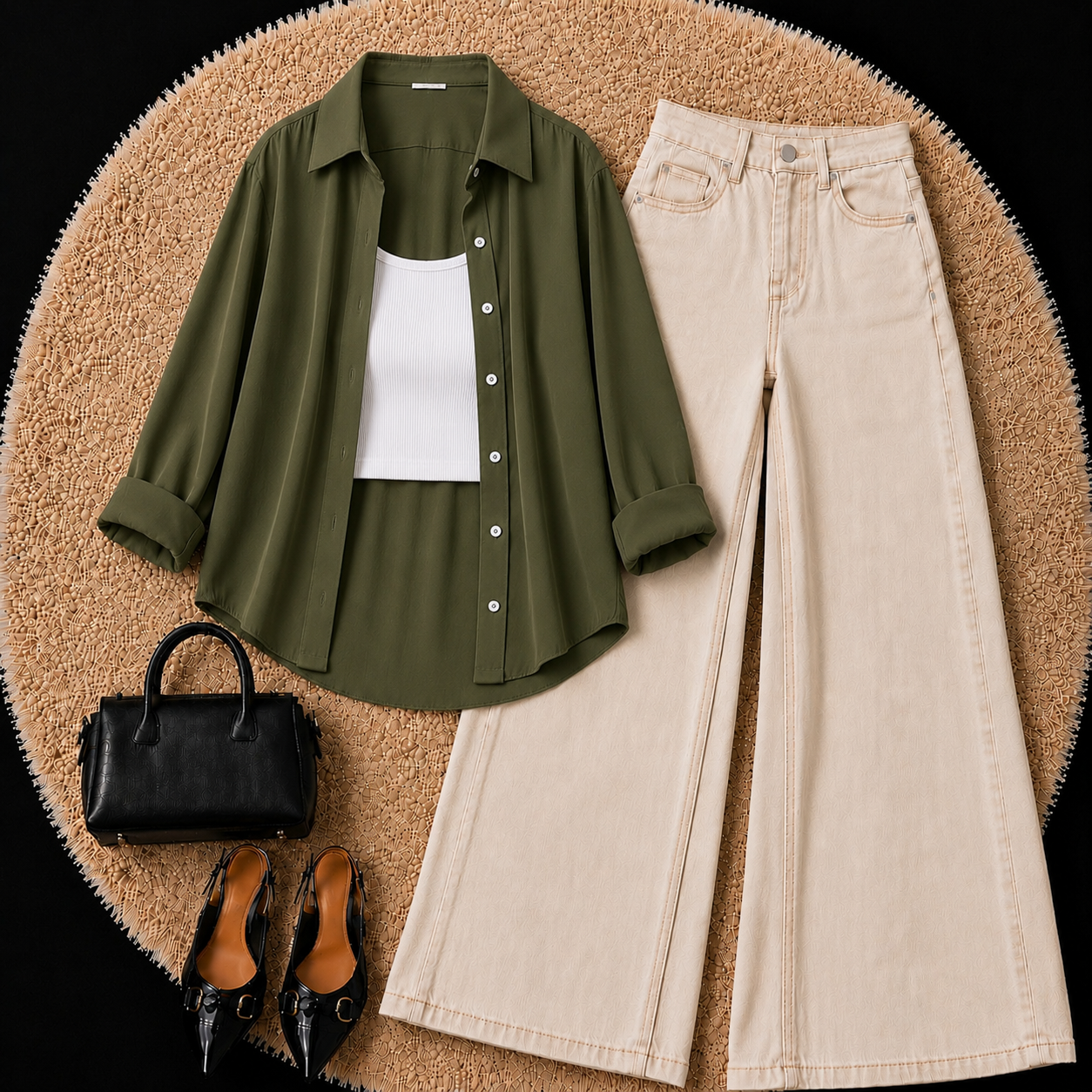 Olive Green Button Down Shirt With White Inner & Beige Wide Leg Jeans