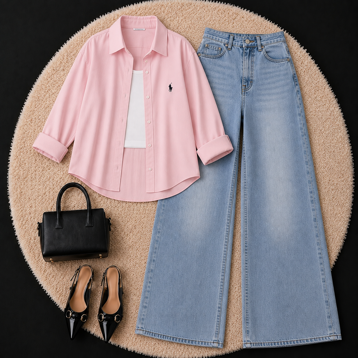 Baby Pink Button Down Shirt With White Inner & Sky Blue Wide Leg Jeans
