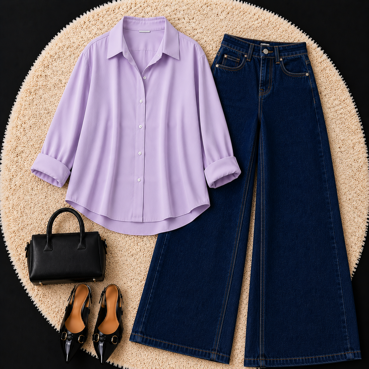 LILAC BUTTON DOWN SHIRT WITH DARK BLUE WIDE LEG JEANS