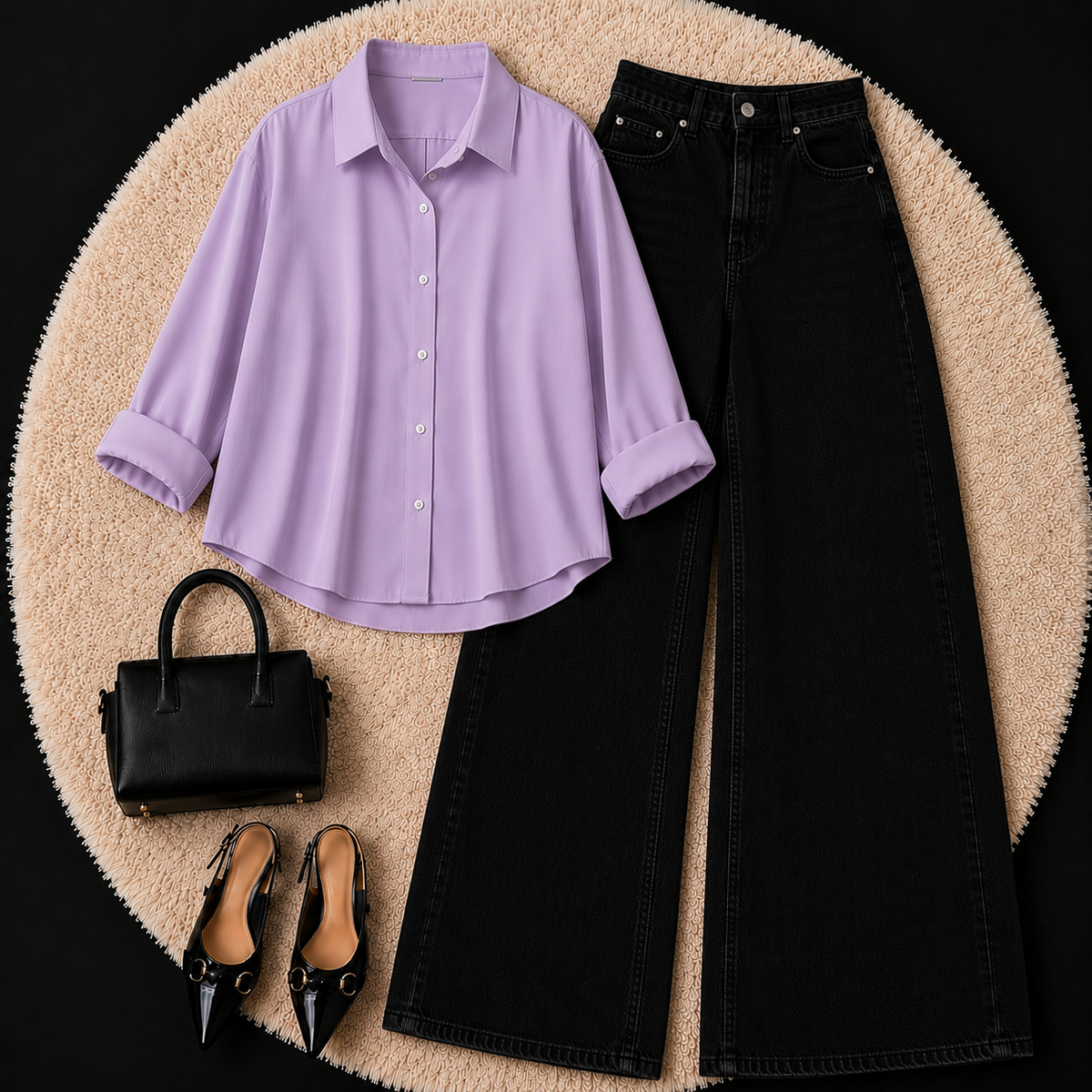 LILAC BUTTON DOWN SHIRT WITH BLACK WIDE LEG JEANS