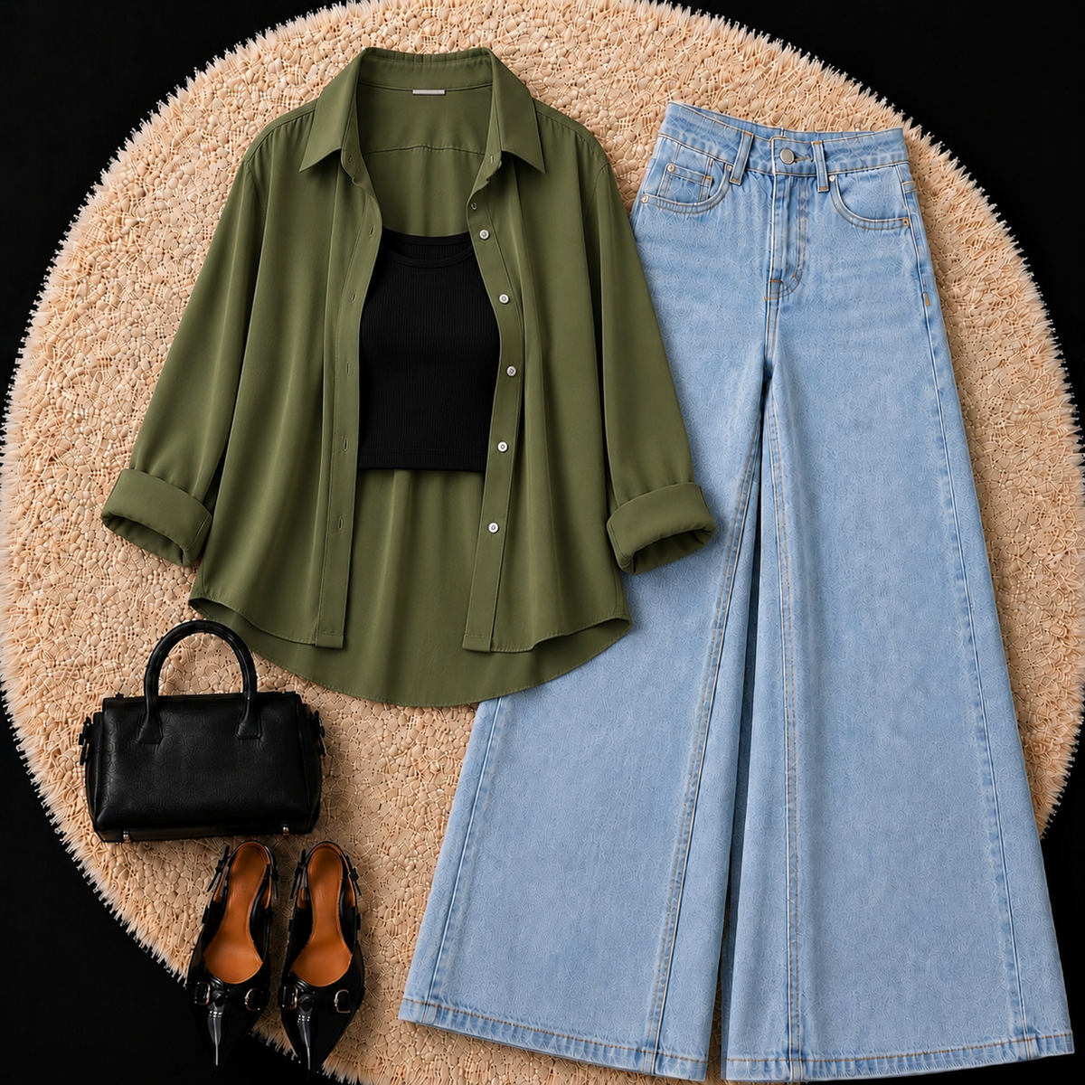Olive Green Button Down Shirt With Black Inner & Sky Blue Leg Jeans