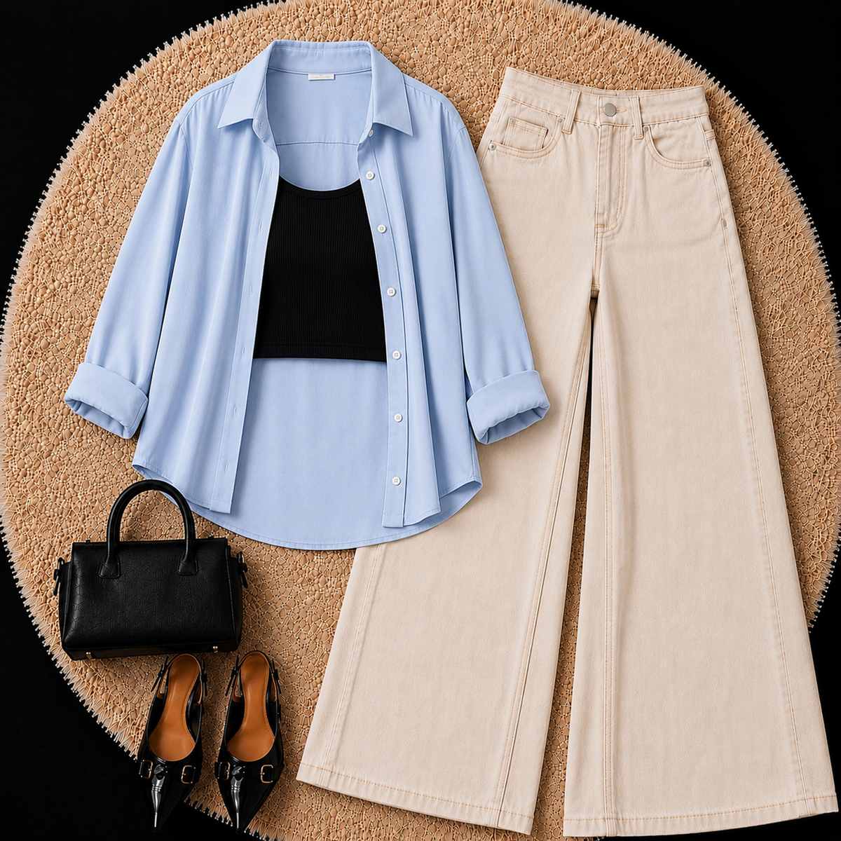 Sky Blue Button Down Shirt With Black Inner & Beige Wide Leg Jeans