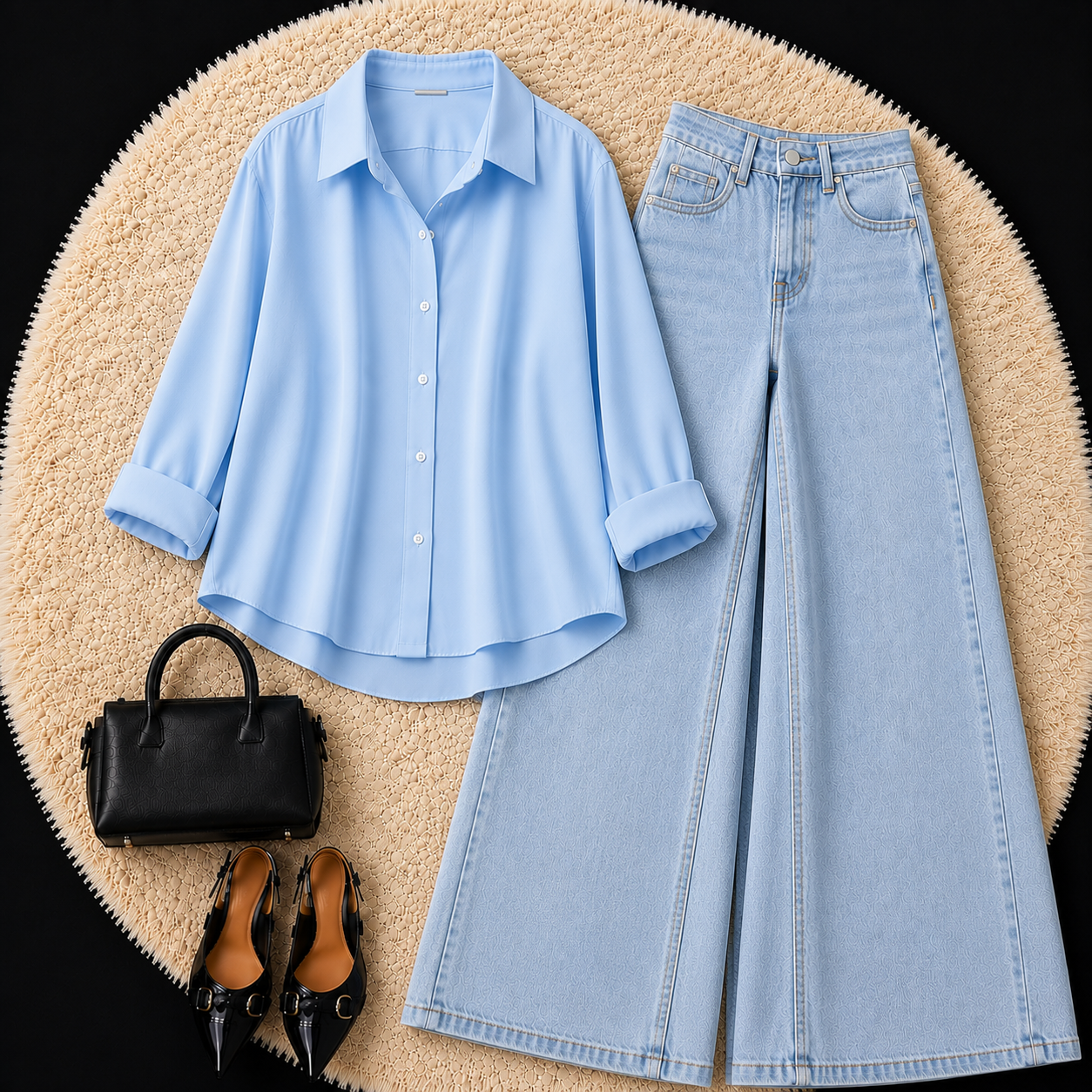 SKY BLUE BUTTON DOWN SHIRT WITH SKY BLUE WIDE LEG JEANS