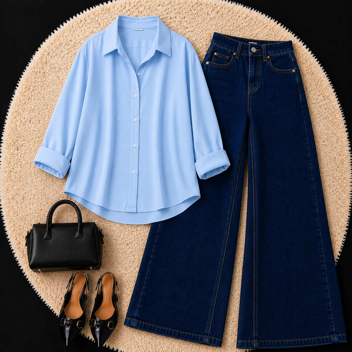 SKY BLUE BUTTON DOWN SHIRT WITH DARK BLUE WIDE LEG JEANS