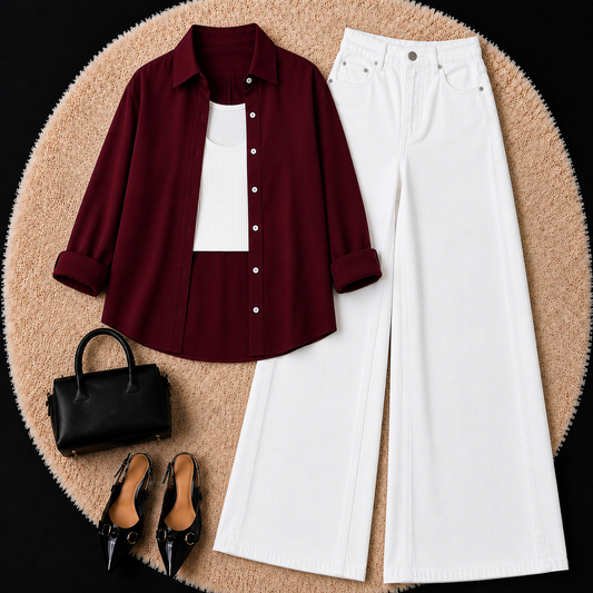 Burgundy Button Down Shirt With White Inner & White Wide Leg Jeans