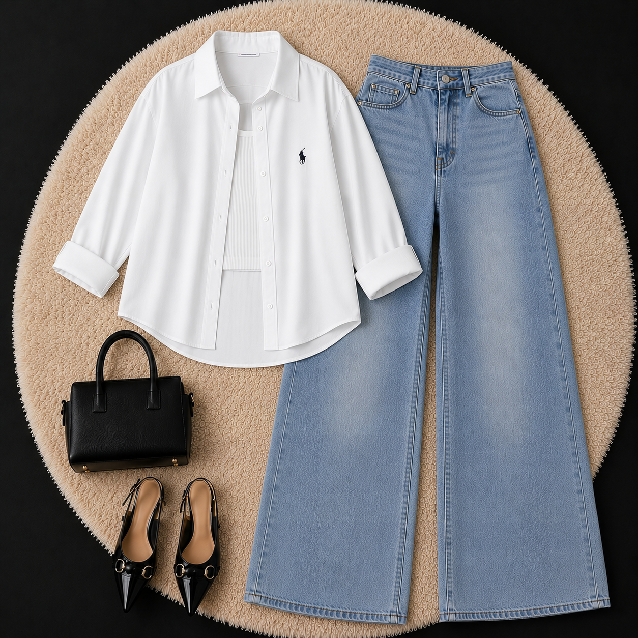 White Button Down Shirt With White Inner & Sky Blue Wide Leg Jeans