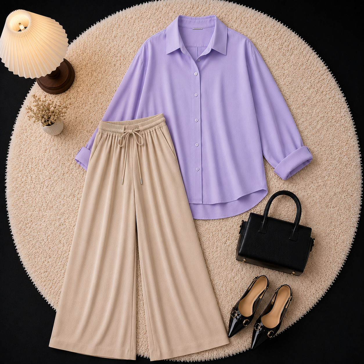 Lilac Button Down Shirt With Beige Flapper Trouser